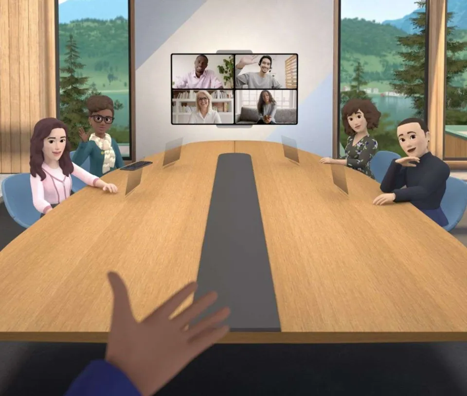 Metaverse Meetings - A view of a virtual conference room in Horizon Workrooms.Credit: Meta Platforms Inc.