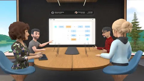 People discussing work on the metaverse horizon workroom