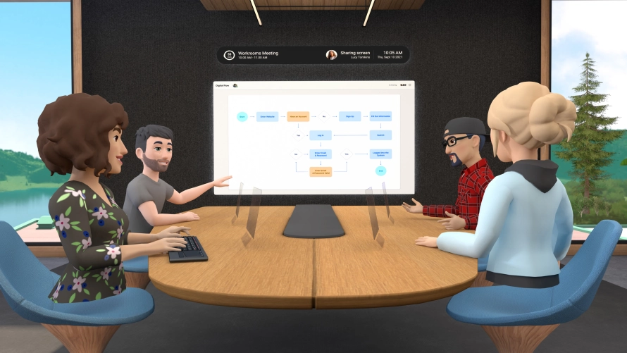 People discussing work on the metaverse horizon workroom 